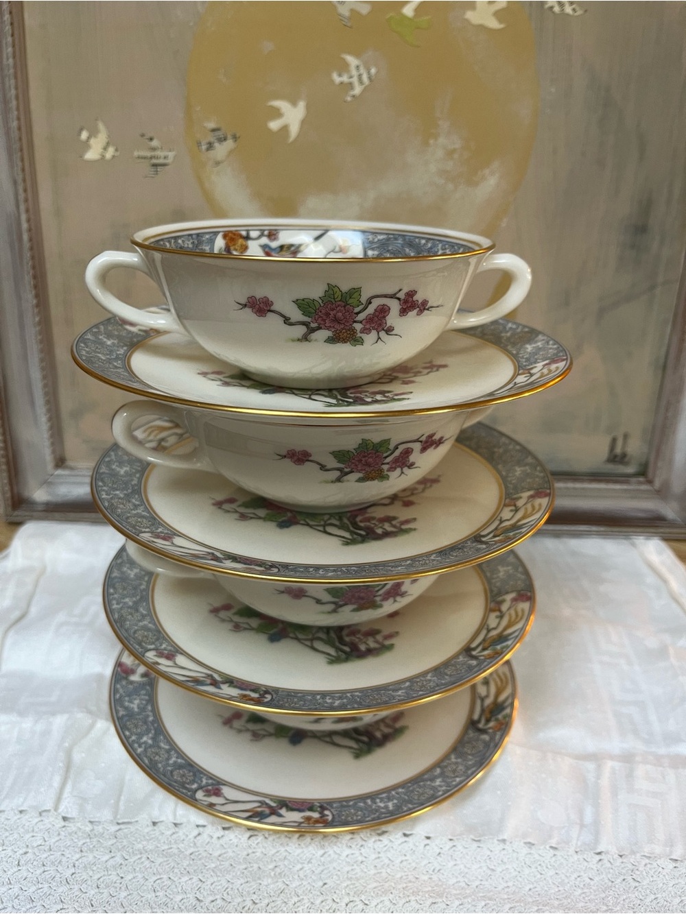 Lenox Ming Bird Floral Two-Handled Soup Cup and Saucer Set of Four Gold Trim